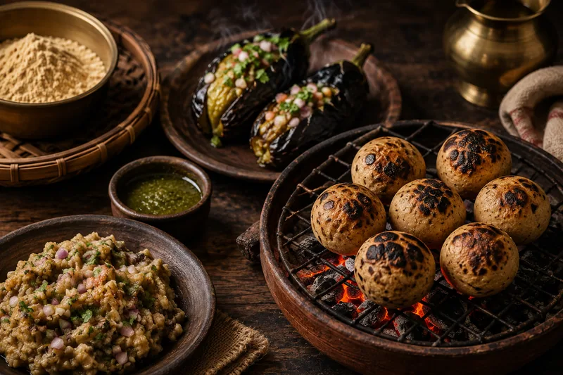 Litti roasting on live coals, with chokha, charred brinjal and a bowl of sattu